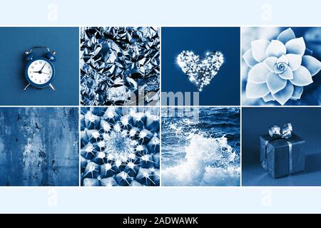 Collage made of eight photos toning in blue color. Backgrounds for design. Stock Photo