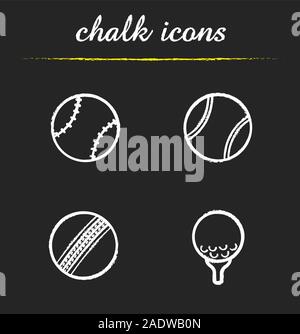 Sport game balls chalk icons set. Baseball, tennis, cricket and golf ball on tee. Sport equipment. Isolated vector chalkboard illustrations Stock Vector