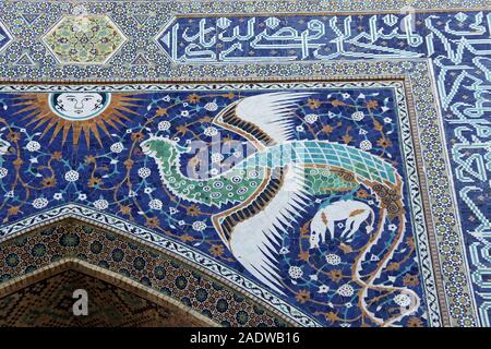 Simurgh mythical bird on Nadir Divan-Beghi Madrsah in Bukhara Stock Photo