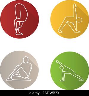 Yoga poses flat linear long shadow icons set. Uttanasana, trikonasana, ardha matsyendrasana, utthita parsvakonasana yoga positions. Vector line illust Stock Vector