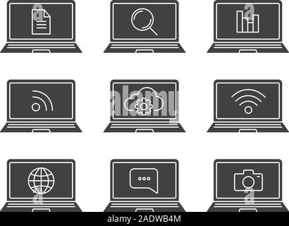 Laptop apps glyph icons set. Silhouette symbols. Laptops with wifi signal, rss, statistics, search, message, document, photocamera, cloud computing, V Stock Vector