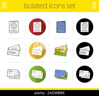 Travel documents icons set. Flat design, linear, black and color styles. Passport, tickets, id and credit cards. Isolated vector illustrations Stock Vector
