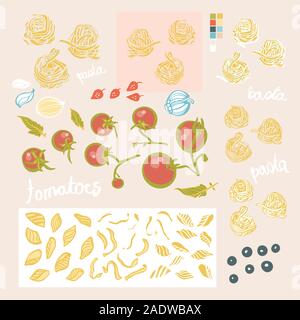 Yummy pasta food cooking vector ilustration set. Icon set. Tomato and homemade noodle design set on pastel backgroud. Fabric, wallpaper, packaging, print. Hipster vintage kitchen design. Stock Vector