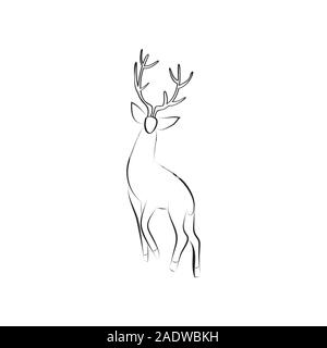 Black and white deer stands. Side view. Stag with large antlers isolated. Design animal for emblem, logo, invitation. Minimalism graphics style. Vecto Stock Vector