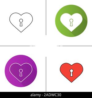 Heart with keyhole icon. Flat design, linear and color styles. Valentine's Day symbol. Isolated vector illustrations Stock Vector