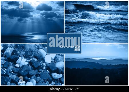 Creative collage in blue color. Different photos in one composition. Nature concept. Stock Photo