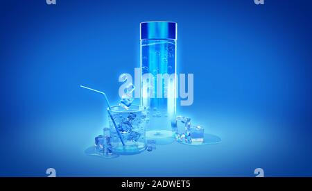 Beautiful blue background with a glass of water, ice and a bottle of mineral water.  3d rendering, 3d illustration. Stock Photo