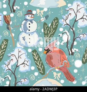 Seamless Cute Pattern with colorful Cardinal and Snowman. Scandinavian Style. Vector Illustration. Stock Vector