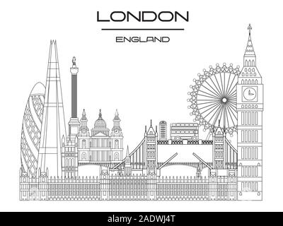 Vector line art illustration of landmarks of London, England. London city skyline monochrome vector illustration isolated on white background. London Stock Vector