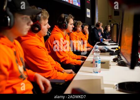 HELSINKI, FINLAND - NOVEMBER 15, 2019: Hockey online match at GameXpo 2019. Exhibition and Convention Centre Messukeskus Stock Photo