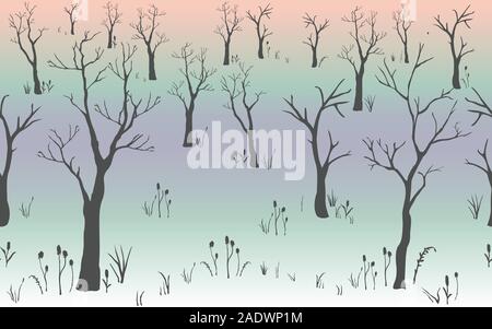 Trees with no leaves. Continuous Pattern. Partly Seamless. Vector Illustration Stock Vector