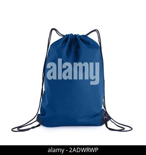 Classic blue drawstring pack template, bag for sport shoes isolated on white. Stock Photo