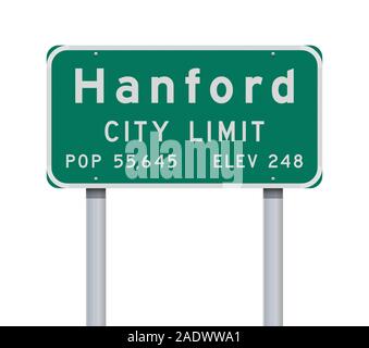 Vector illustration of the Hanford City Limit green road sign Stock Vector