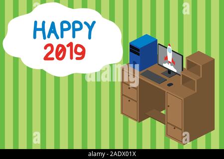 Handwriting text writing Happy 2019. Conceptual photo feeling showing or causing pleasure or satisfaction for 2019 Working desktop station drawers per Stock Photo
