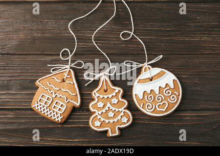 Tasty homemade Christmas cookies on wooden background, space for text. Top view Stock Photo