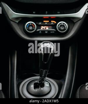 Minsk, Belarus - 21 November, 2019: Robotic gear shifter in Lada Vesta Cross Stock Photo