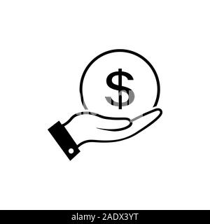 Hand with a coin icon. Money in hand symbol. Stock Vector