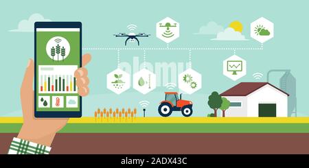 Farmer managing his industrial farm using an app on his smartphone, smart agriculture vector infographic with icons Stock Vector
