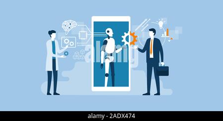 Scientist, AI robot and businessman working together: artificial technology, engineering and business concept Stock Vector