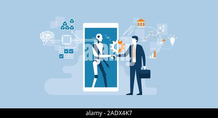 Businessman and AI robot shaking hands and cooperating together for a common goal Stock Vector