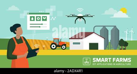 Female farmer managing her industrial farm with a mobile app on her tablet, IOT and smart farming concept Stock Vector