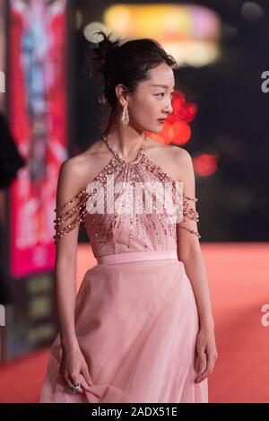 Macao China. 5th Dec 2019. Actress Zhou Dongyu arrives on the red carpet for the 4th International Film Festival Awards Macao IFFAM in Macao south China Dec. 5 2019. The 4th IFFAM