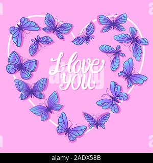 Heart frame with hand drawn butterflies. I love you lettering Valentines day card. Vector stock illustration girly modern cute design on pink Stock Vector