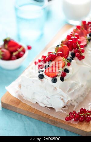 Sponge Biscuit Cake Roll Filling Whipped Cream And Berries Decorated 