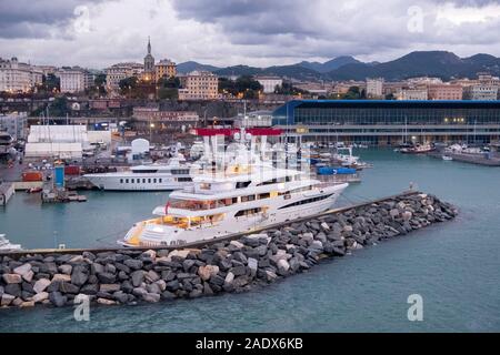 Big yacht moored in the port of Genoa, Italy, Europe Stock Photo