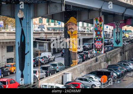 Painted murals on an overpass in Genoa, Italy, Europe Stock Photo