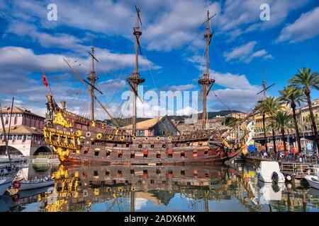 Replica of an 17th century spanish wooden pirate ship galleon Neptune built in 1985 for Roman Polanski's film Pirates, Genoa, Italy, Europe Stock Photo