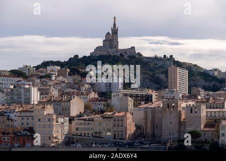 Basilique Notre-Dame de la Garde on top of a hill in Marseille, France, Europe Stock Photo