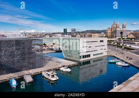 Aerial view of the MUCEM museum, Villa Méditerranée cultural centre and the Cathedral of Saint Mary Major in Marseille, France, Europe Stock Photo