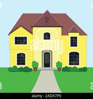Flat drawing of a large house. Cottage building with Windows. Red roof. Isolated. Vector Stock Vector