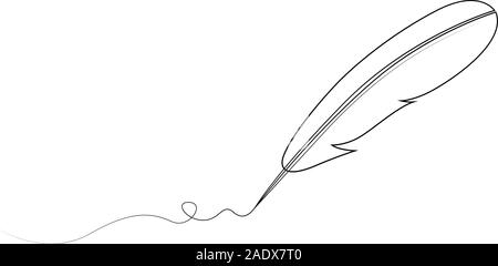 Single continuous line drawing of fether or quill pen. Retro handwriting concept one line draw design illustration Stock Vector