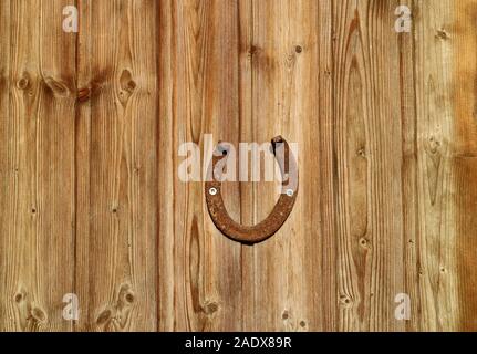 Old horseshoe on the wooden door Stock Photo
