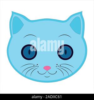 Flat drawing of a cat. An Emoji The face of a blue cat. Signs and symbols of the cat .Vector Stock Vector