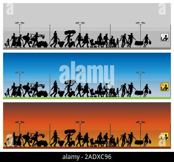 Immigrants silhouette in front of boundary wires. The silhouette objects and backgrounds are in different layers. Stock Vector