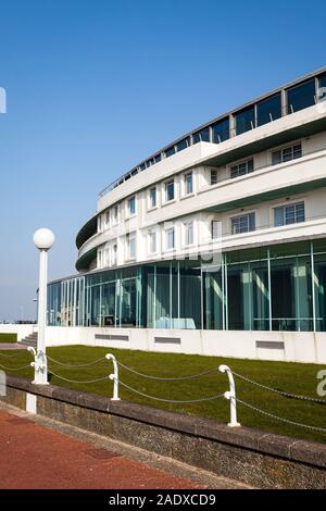 The Midland Hotel, Morecambe, Lancashire. Facing the promenade and seafront, the Art Deco building is a key landmark in the seaside town. Stock Photo