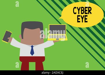 Conceptual hand writing showing Cyber Eye. Concept meaning tool engages in building smart technologies in cybersecurity Professional man holding lapto Stock Photo