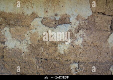 Old cracked wall made from mud and hay, exterior background, grunge texture with cracks for designs Stock Photo