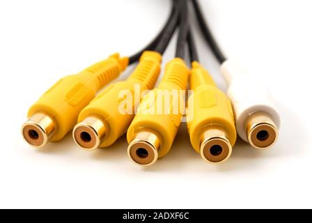 Yellow white RCA audio video plug connectors on a white background Stock Photo