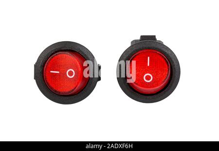 Red electrical power switch, electronic component, isolated on white background Stock Photo