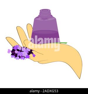 The flat pattern. He holds a bottle of essential oil in his hand. Flowers are blue. Isolated, white. Vector. Stock Vector