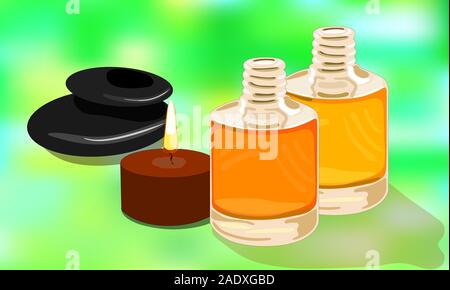 The flat pattern. Essential oils. The candle is burning. Lithotherapy. Beautiful, green background. Vector. Stock Vector