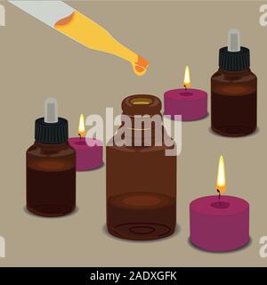 Flat pattern essential oil bottle. Eye dropper with oil. Lighted candle. Vector Stock Vector