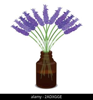 Flat pattern bottle of lavender essential oil. Lavender flowers. Isolated, white. Vector Stock Vector