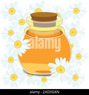 A drawing of a vial of essential oil. The oil of chamomile. Beautiful, green background. Chamomile flowers.Vector Stock Vector