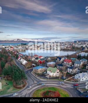 Aerial - Reykjavik in the Autumn, Iceland. This image is shot using a drone. Stock Photo