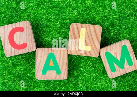 Word CALM written in wooden letters laid on grass . Concept of wellness, psychology background Stock Photo